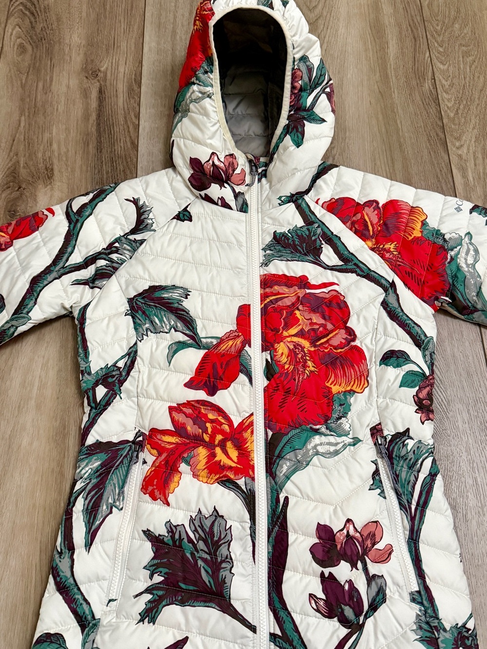 Columbia White Puffer Jacket with Red Floral Print